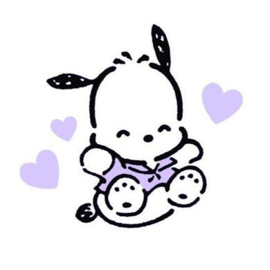 sanrio character pochacco sitting with his arms and legs up, wearing a purple shirt with three little purple hearts surrounding him